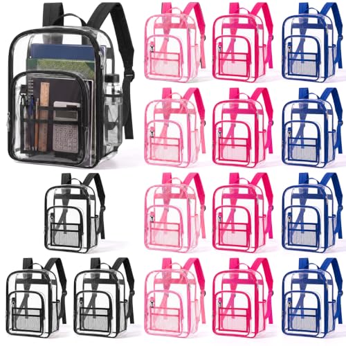 16-Pack Clear PVC Student Backpack - 17 Inch Transparent Bookbag in 4 Colors, Stadium Approved