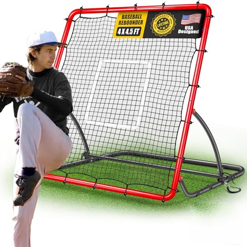 Red Heavy Duty Baseball Rebounder Net Pitchback 4x4.5 FT - Weather-Resistant Training Aid