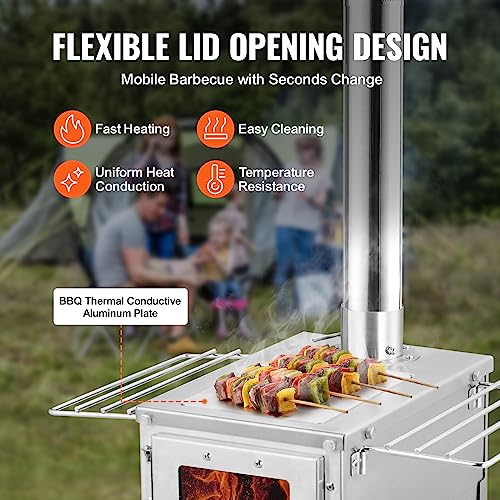 Portable Stainless Steel Camping Wood Stove 12.32x7.80x6.10in with Chimney & Gloves - 10.5L
