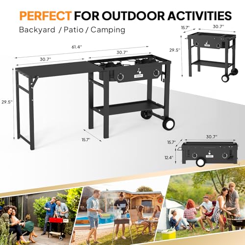 2 Burner Portable Propane Gas Stove with Foldable Workstation & Wheels - 150,000 BTU Outdoor Camping Cooking Equipment