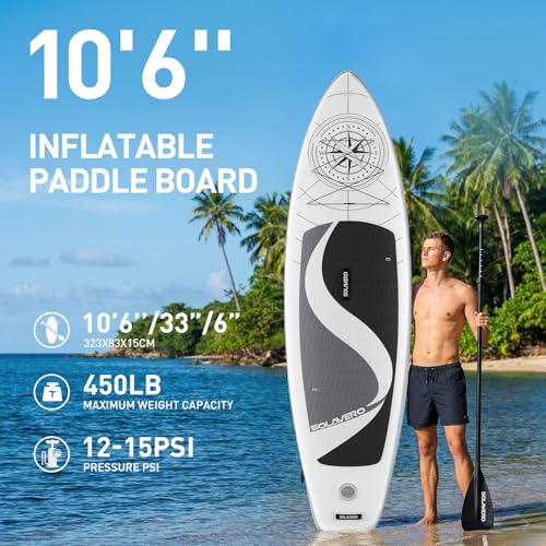 SOLAVERO 10'6" Inflatable Stand Up Paddle Board with Compass - Supports 450LB, All Skill Levels