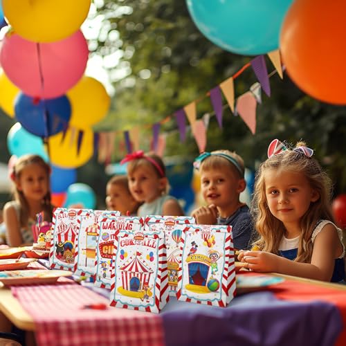 Circus Party Favor Bags - 24 Watercolor Carnival Gift Bags with Stickers