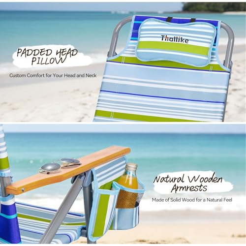 Thallike Blue Backpack Beach Chair with Wide Seat & High Back, 5-Position Recline, Supports 400 lbs, Portable with Cup Holder & Cooler Bag