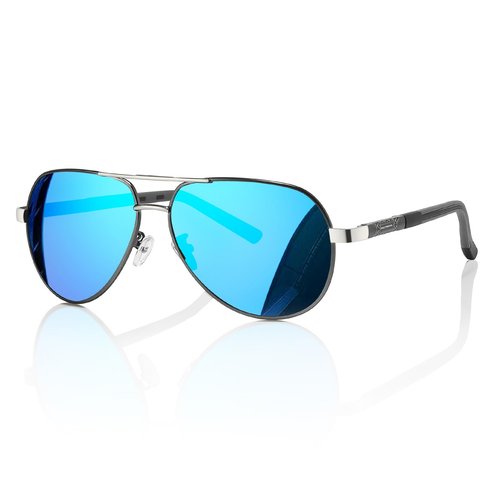 JOLLYNOVA Aviator Sunglasses Men Retro Polarized UV400 Spring Hinges TR90 Lightweight Premium Glasses (Blue Lens Gun Frame)