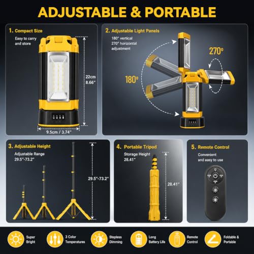 Rechargeable Camping Light with Stand - 12000mAh Battery, Yellow, 73.2" Tall