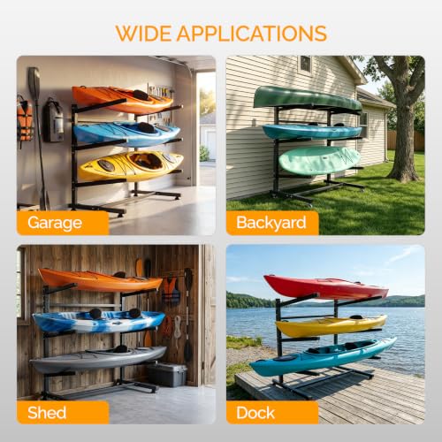 Bonnlo 3-Tier Freestanding Kayak Storage Rack - Heavy Duty Adjustable Boat & Surfboard Stand