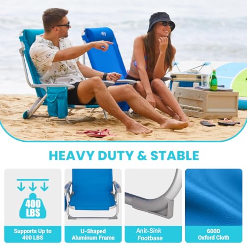 Blue 2-Pack Adjustable Reclining Beach Chairs for Adults - Portable & Heavy Duty