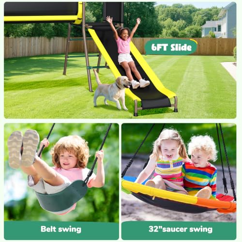 Hapfan Backyard Swing Set with Slide, Crawl Tunnel & Monkey Bars - Green & Brown