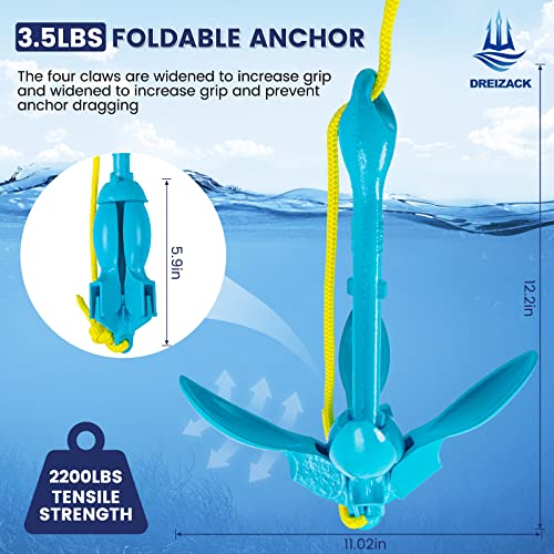 Blue Folding Kayak Anchor Kit 3.5lb with Rope Buoy for Fishing & Water Sports