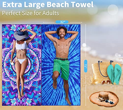 Oversized Microfiber Beach Towel 71x32 with Bag - Turtle Tie Dye Mandala Flower 4 Pack