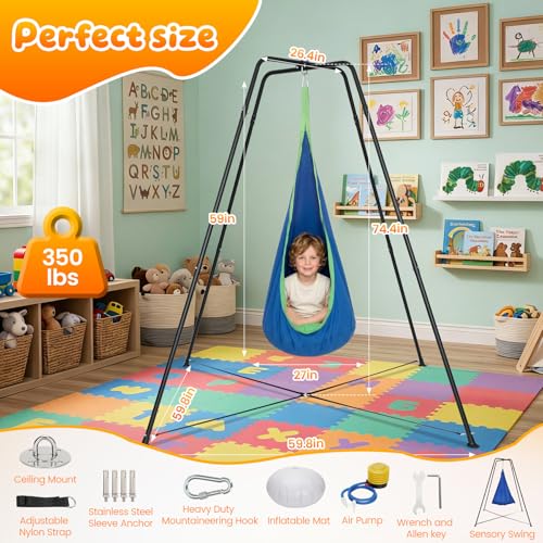 Light Blue Sensory Swing Set with Stand - Heavy-Duty Kids Indoor & Outdoor Autism Therapy Hammock, 350LBS Capacity
