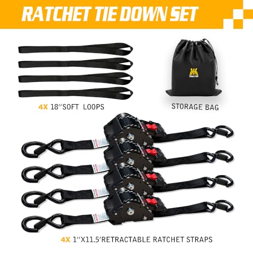 Black Retractable Ratchet Straps 1" x 11.5' 4-Pack, 1,800 lbs Break Strength