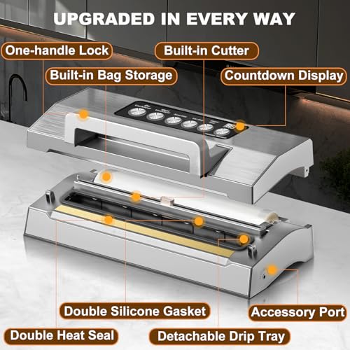 POWOT Grey Fully Automatic Food Vacuum Sealer with Double Heat Seal & Built-in Cutter