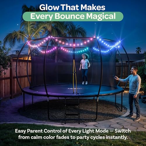 Black 12FT Outdoor Trampoline with LED Lights, Safety Net, Ladder – ASTM Certified