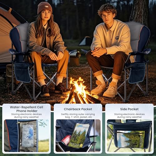 Foristrail 2-Pack XL Oversized Camping Chairs with Cup Holders & Waterproof Phone Case, Heavy Duty Folding Outdoor Chairs for Adults, Blue & Gray