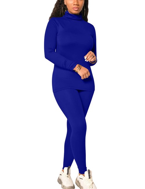 Mokoru Women's Tracksuit 2 Piece Outfits Turtleneck Long Sleeve Shirt Workout Jogger Legging Pants Set, X-Large, Royal Blue