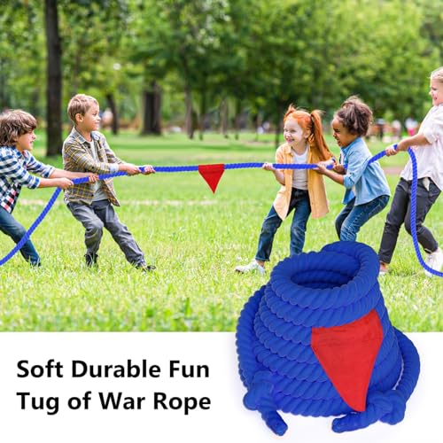 Kids & Adult Tug of War Rope 25FT with Flag, Durable Outdoor Play Equipment - Blue