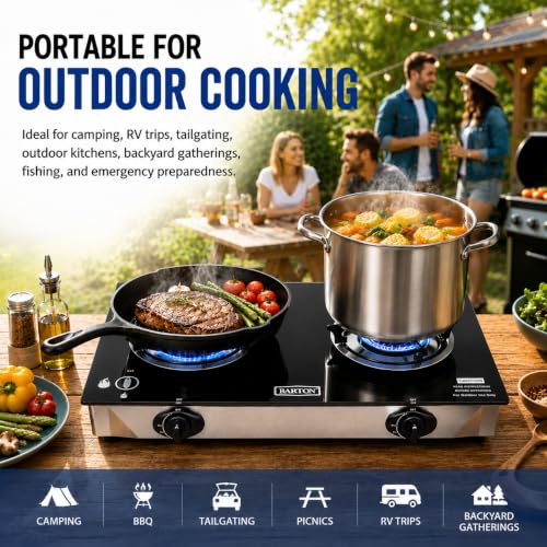Portable Propane Gas Stove with 2 Burners, 25,516 BTU, Auto Ignition, Tempered Glass Top for Camping, RV, Backyard Cooking