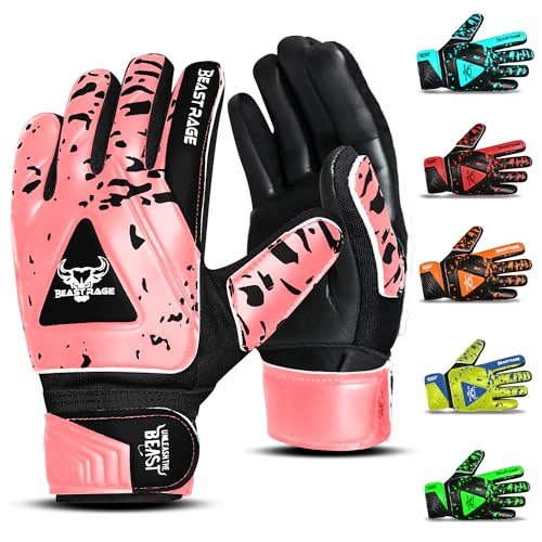 Youth Goalkeeper Gloves Neon Pink Size 5 for Kids 9-12 - Support Grip Football Glove