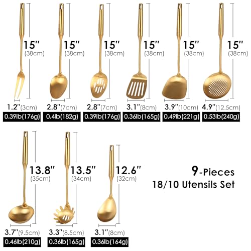 Standcn 15-Inch Gold Stainless Steel Kitchen Utensil Set of 9 – 9-Piece Cooking Tools