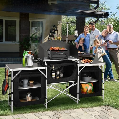 Camping Kitchen Table with Storage & Windshield - Black, Foldable Aluminum