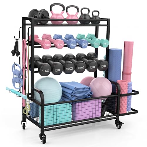 Dumbbell and Kettlebell Rack with Wheels - Home Gym Storage Organizer for Weights, Yoga Mats & Exercise Balls