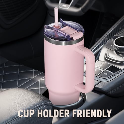 Pink 40 oz Insulated Stainless Steel Travel Mug with Handle & Straw Lid