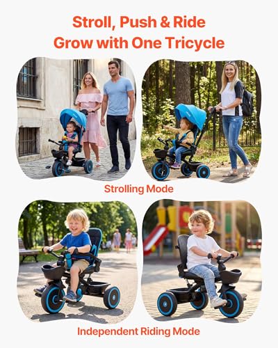 VEVOR 6-in-1 Toddler Tricycle & Stroller with Canopy, Parent Push Handle, Adjustable Seat, Blue/Black