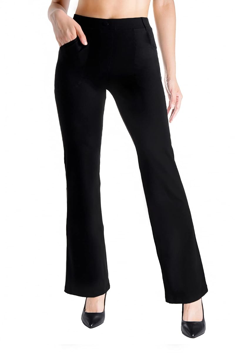 Yogipace Women’s Flare Yoga Dress Pants with 27"–37" Inseams, Black – 2 Front + 2 Rear Pockets, 31" Inseam (Regular)