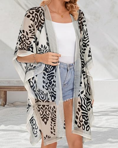 Women Kimono Beach Coverup Cardigan for Swimwear - Black White XL