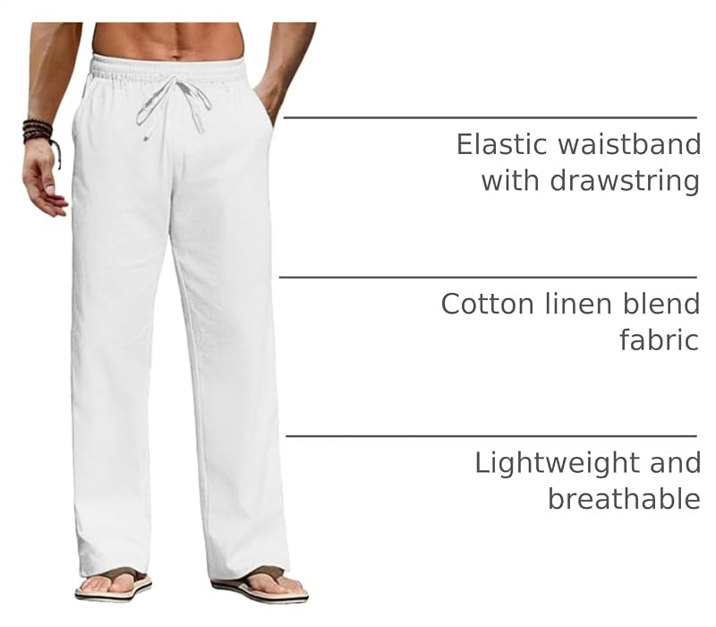 COOFANDY Men's Linen Pants Loose Fit Elastic Waist Drawstring - White, Large