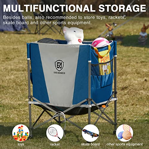 Blue Volleyball Storage Cart with Lockable Wheels, Collapsible Sports Organizer 20 Balls