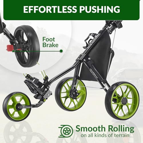 Lime Golf Push Cart - Lightweight Aluminum 3-Wheel Foldable Caddy with Accessories