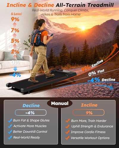 Rockare Tangerine Incline & Decline Under Desk Treadmill - 5 Level, Quiet 2.5HP