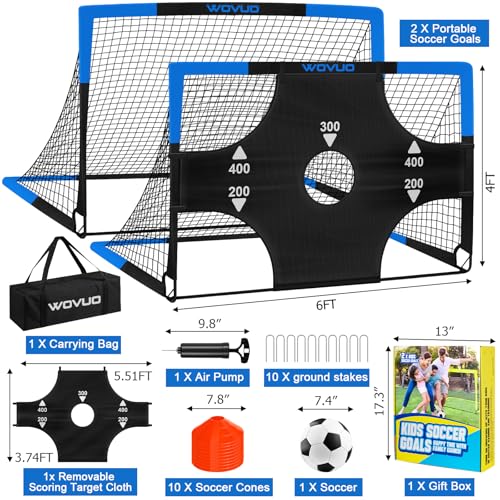 Kids Soccer Goals Set of 2 - 6x4 ft Portable Black Blue Backyard Soccer Nets for Kids 3-14