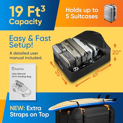 Car Roof Bag 19 Cubic Ft Waterproof Cargo Carrier with Anti-Slip Mat & Hooks - Variation 540 L