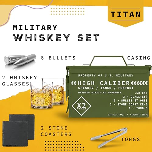 Whiskey Gift Set with Glasses Stones Coasters and Tongs in Tactical Box - Perfect for Men