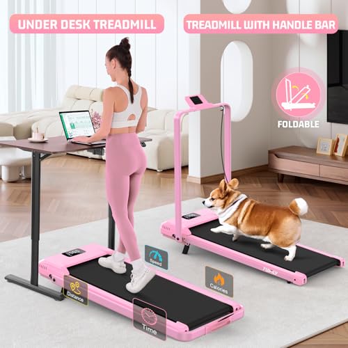 FUNMILY Light Pink Foldable Walking Pad Treadmill with 12% Incline & Handle Bar, 3.5HP Compact Under Desk Exercise Machine for Home & Office