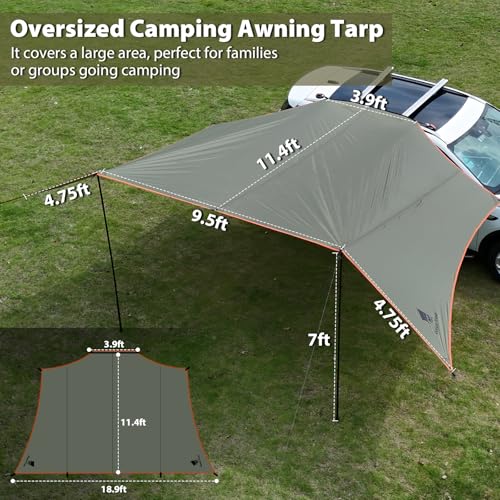 GEERTOP Lunar Green Car Side Awning 19 x 11 ft Waterproof Camping Shelter