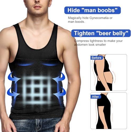 Men's Compression Shapewear Tummy Tank Top - Large Black 5 Pack