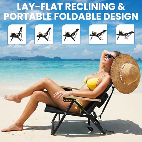 Canpsky 2-Pack Portable Beach Chairs for Adults, Lightweight Folding Camping Chairs with Wooden Armrests, 5-Position Recline, Cup Holders, Black