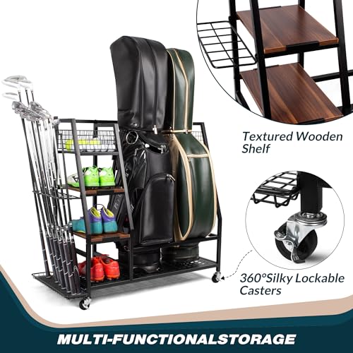 2pcs Golf Bag Storage Rack with Wooden Shelf & Lockable Wheels - Fits 2/3 Golf Bags & Accessories