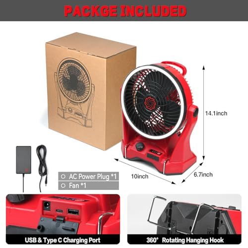 Yudara Red Battery Operated Camping Fan for Milwaukee M18 with LED Light & Hanging Hook