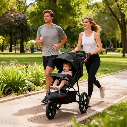 INFANS Foldable Jogging Stroller with Air-Filled Tires - Black, Adjustable Backrest