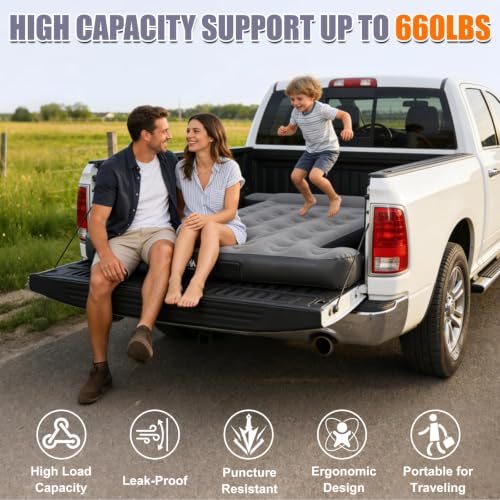 AYAMAYA 5.5-5.8ft Truck Bed Air Mattress with Built-In Rechargeable Pump, Portable Camping Bed