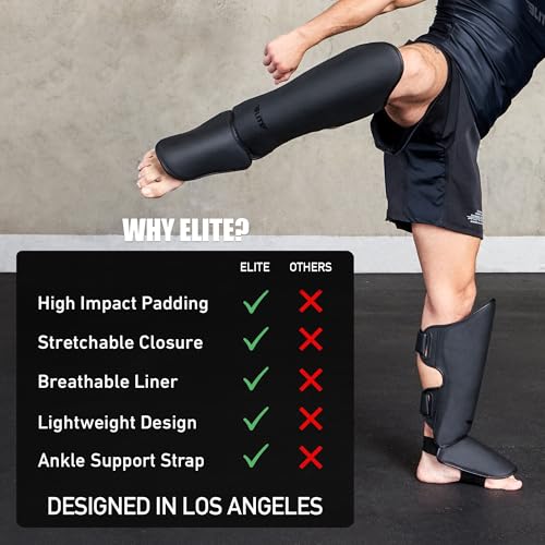 Elite Sports Muay Thai Shin Guards Kickboxing MMA Leg Protectors Black S-M