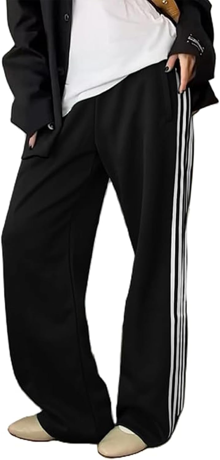 Skiennix Women's Wide Leg Track Pants - Striped Sweatpants with Elastic High Waist & Pockets