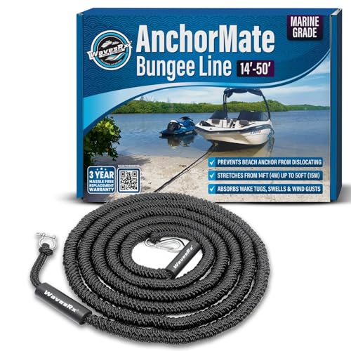 WAVESRX AnchorMate Bungee Dock Line 14-50 ft Black for Boats, Kayaks & PWC