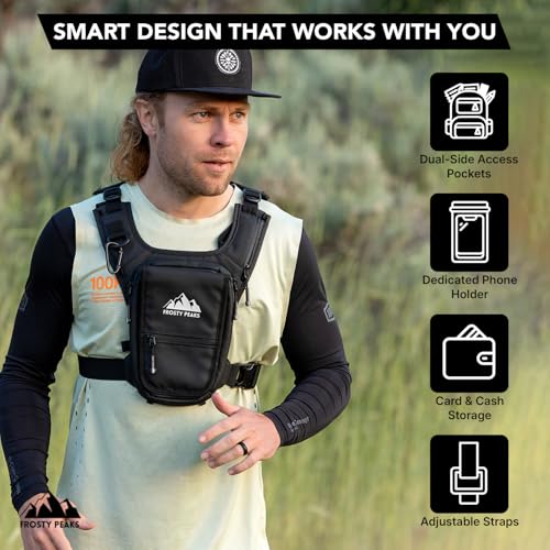 FROSTY PEAKS Black Chest Pack with Flip Phone Pocket — Minimalist Ski & Outdoor Vest