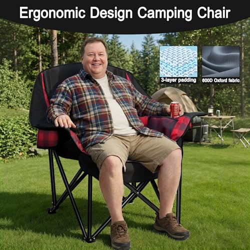 Youtanic Oversized Foldable Camping Chair 400lbs with Padded Seat & Side Pockets, Red-Black, 40.5"L x 28"W